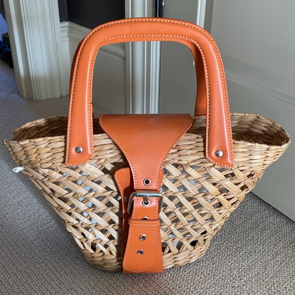Serpui Marie Woven Basket Purse w Orange Leather Detail